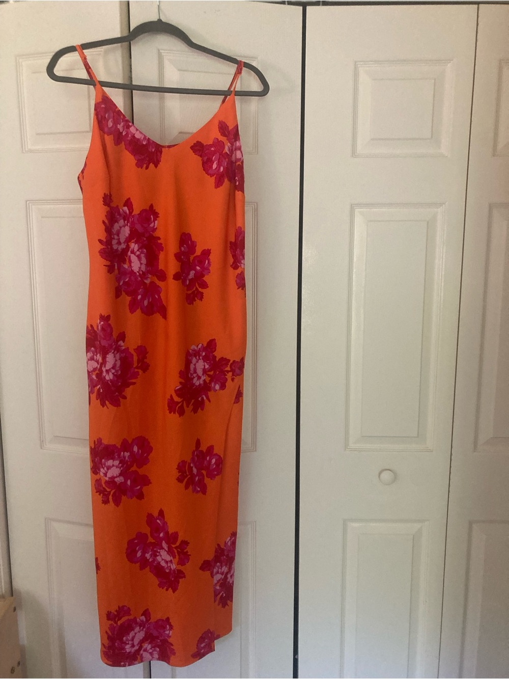Vibrant Orange Maxi Slip Dress with Pink Floral Print